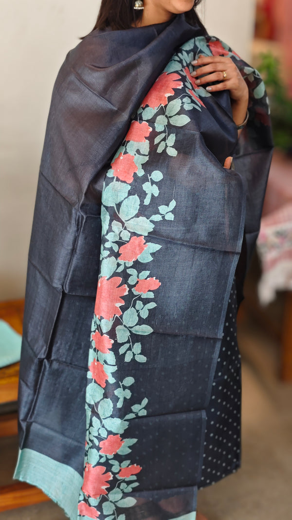 Navy blue tussar silk suit with polka dots