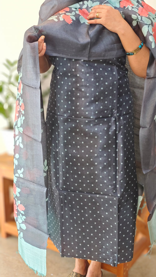 Navy blue tussar silk suit with polka dots
