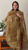 Brown mustard printed tussar silk suit