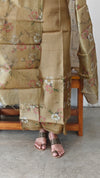 Brown mustard printed tussar silk suit