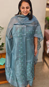 Bluish grey embroidered tussar silk suit