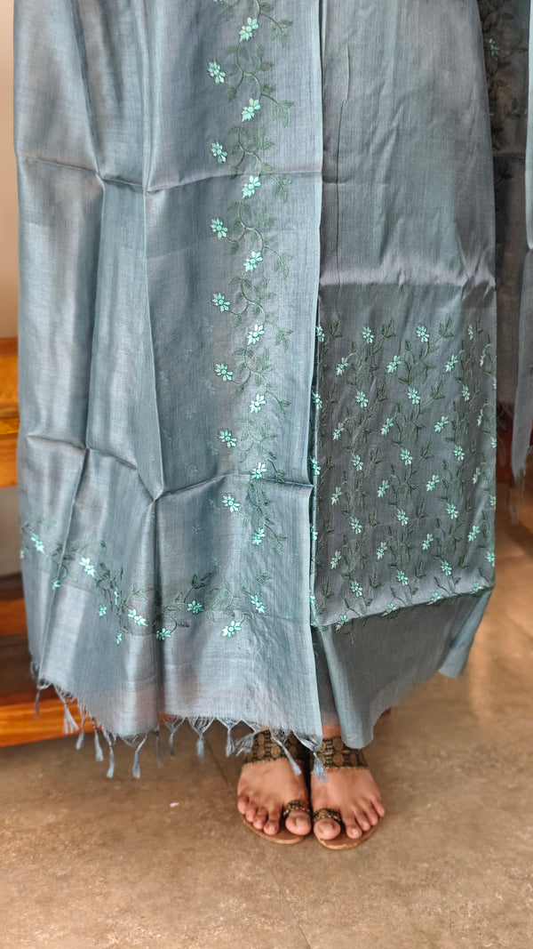 Bluish grey embroidered tussar silk suit