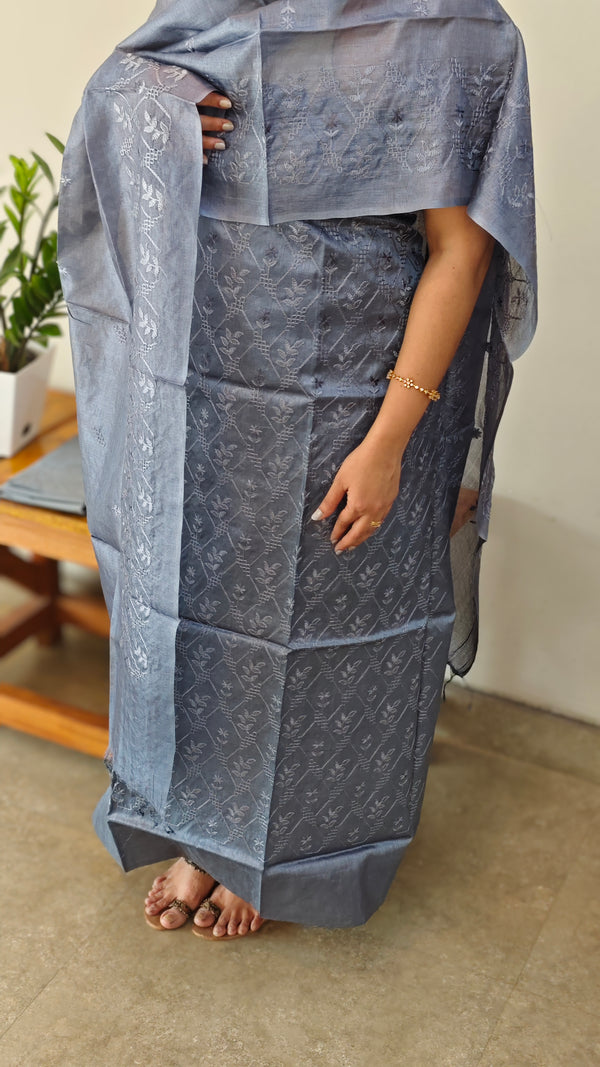 Bluish grey tussar silk suit with embroidery