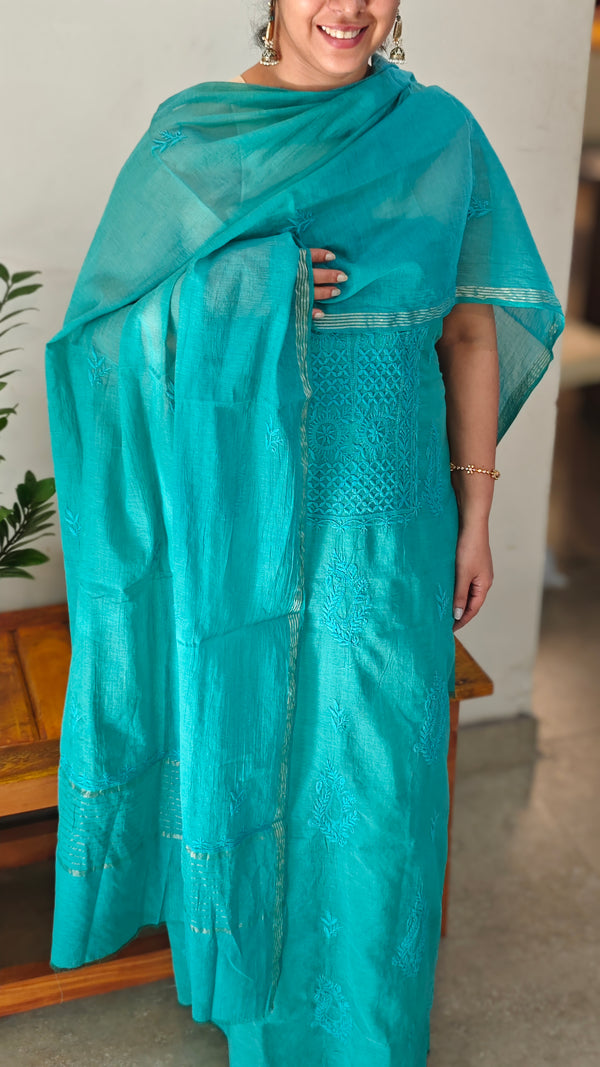Teal blue mul chanderi chikankari suit - E910