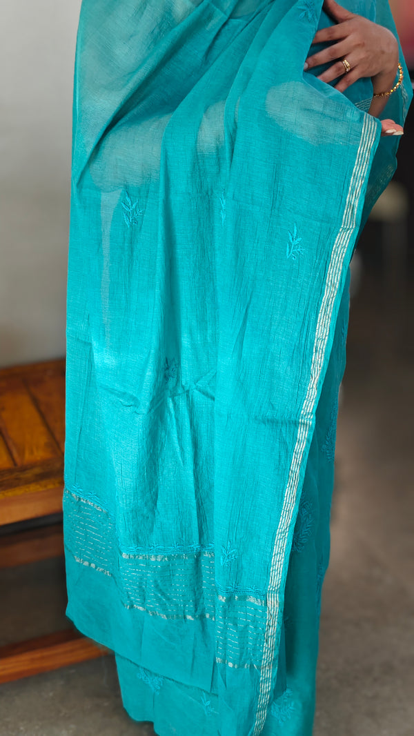 Teal blue mul chanderi chikankari suit - E910