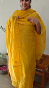 Mustard yellow mul chanderi chikankari suit - E910