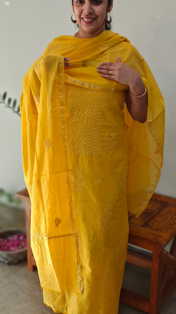 Mustard yellow mul chanderi chikankari suit - E910