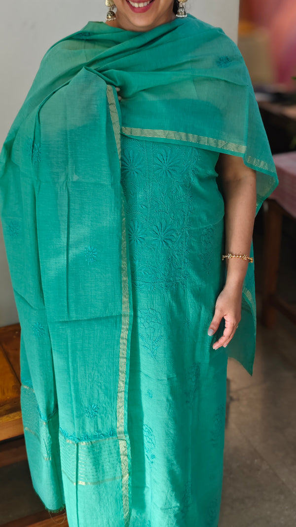 Teal green mul chanderi chikankari suit - E910