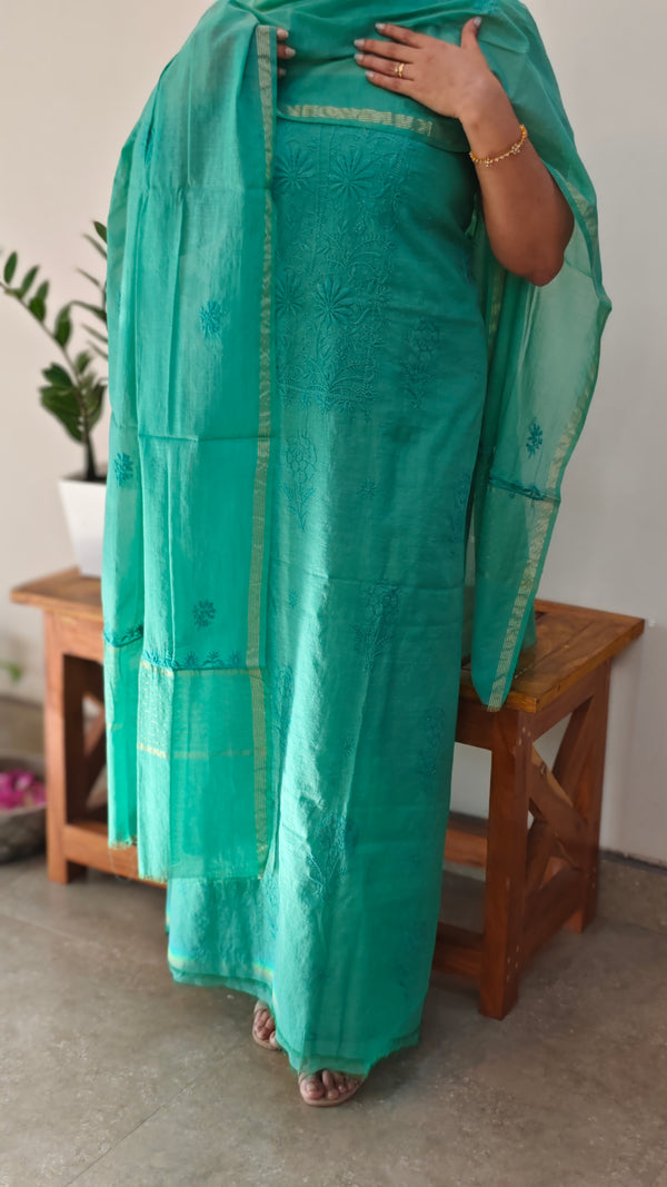 Teal green mul chanderi chikankari suit - E910