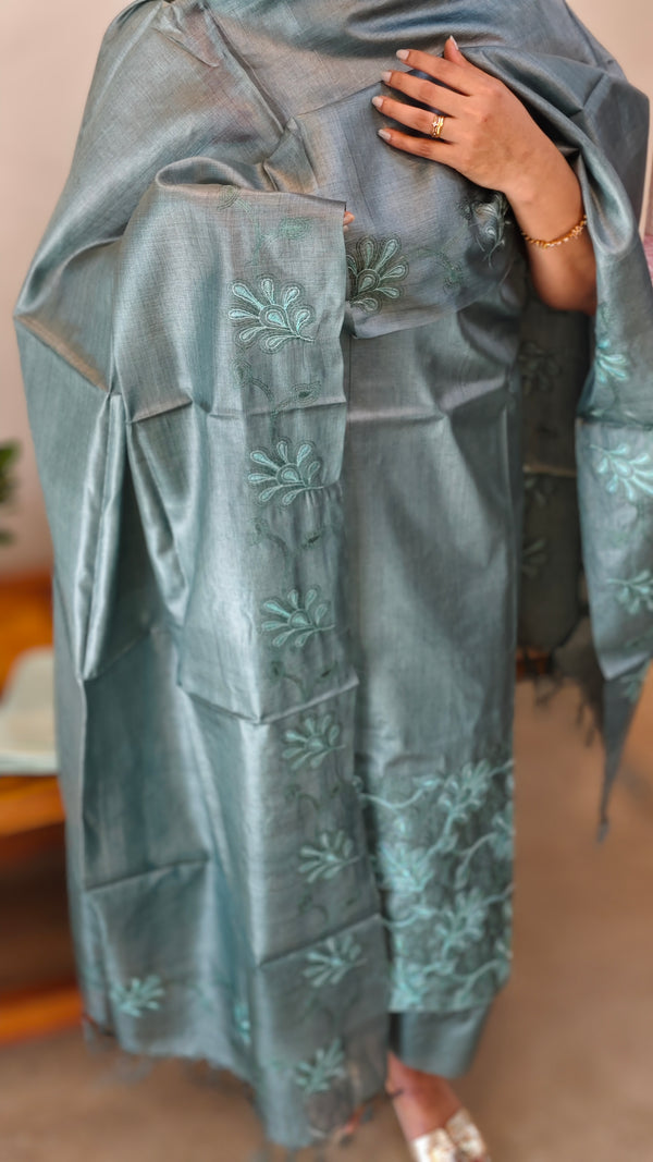 Steel teal embroidered tussar silk suit