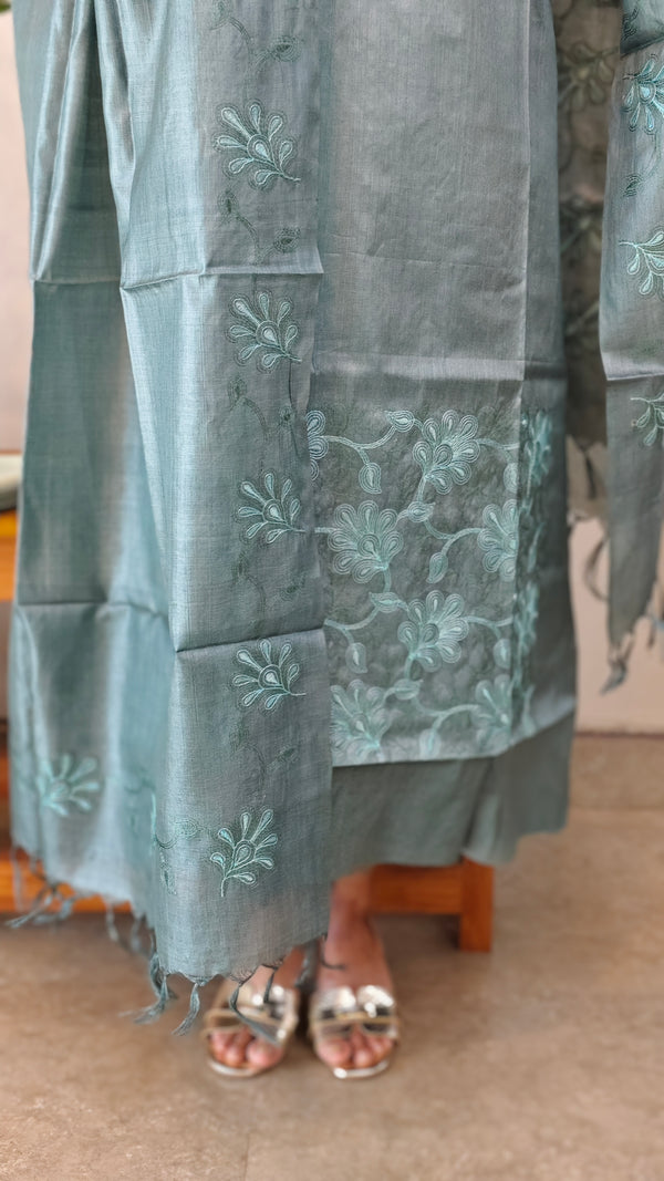 Steel teal embroidered tussar silk suit