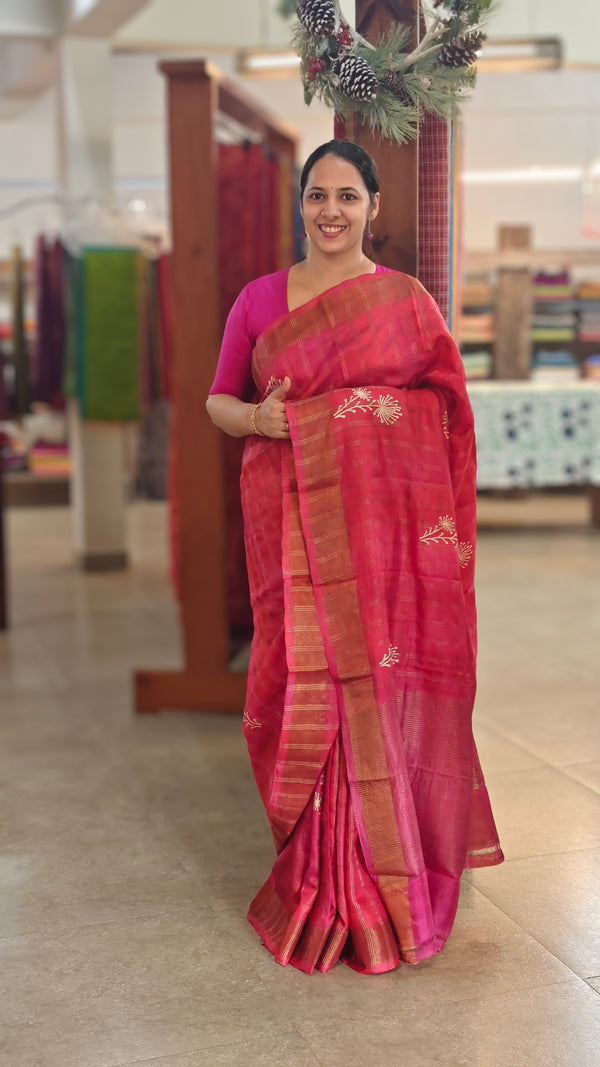 Pink and orange checked tussar silk saree - E332