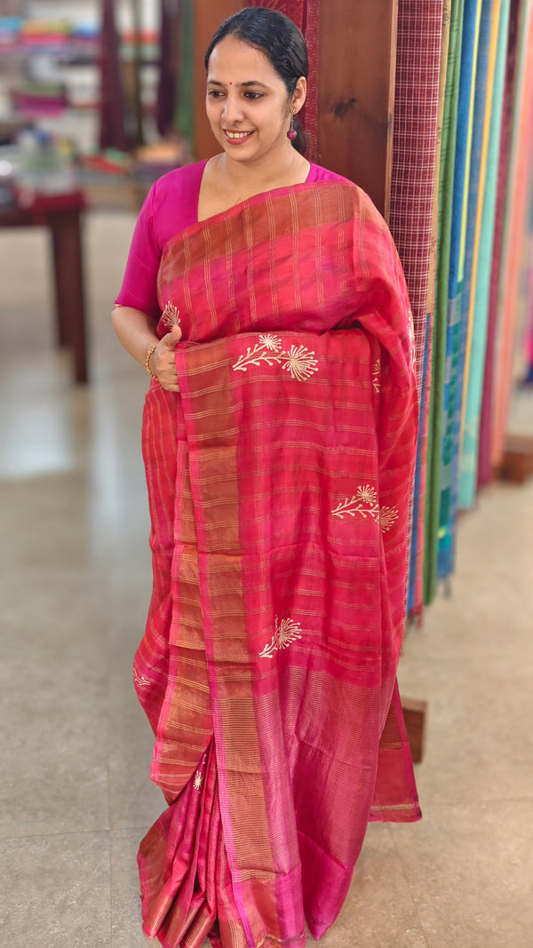 Pink and orange checked tussar silk saree - E332