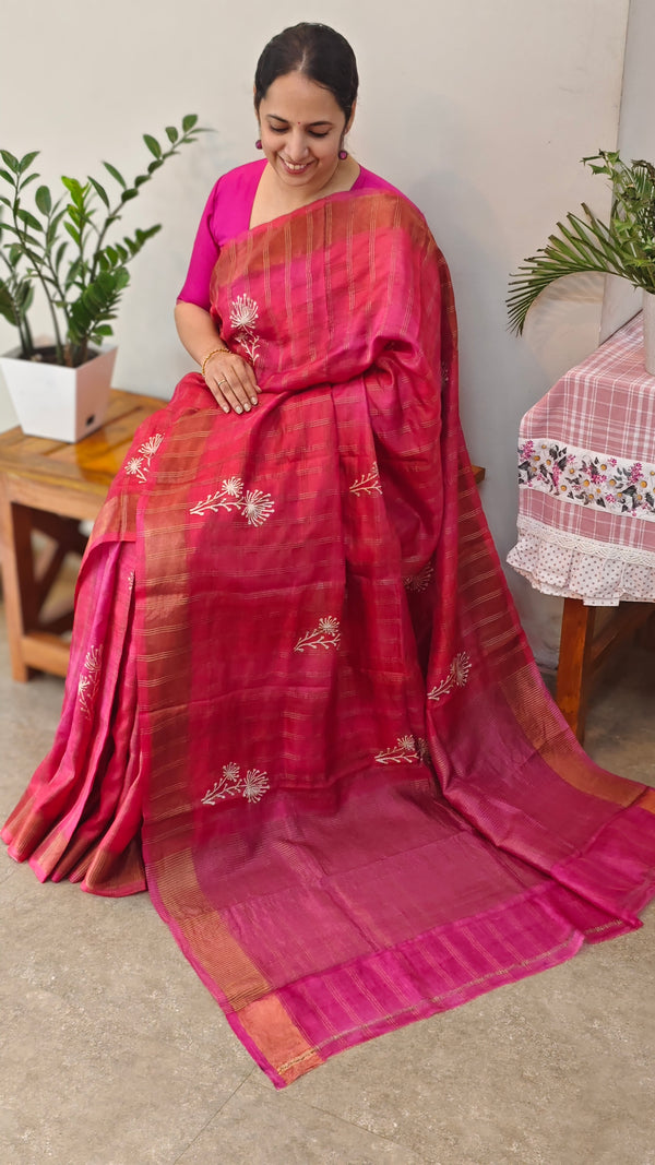 Pink and orange checked tussar silk saree - E332