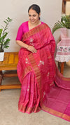 Pink and orange checked tussar silk saree - E332