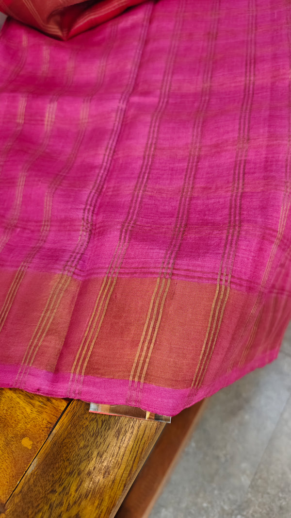 Pink and orange checked tussar silk saree - E332