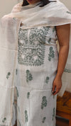 Sage green embroidery on off white mul chanderi suit