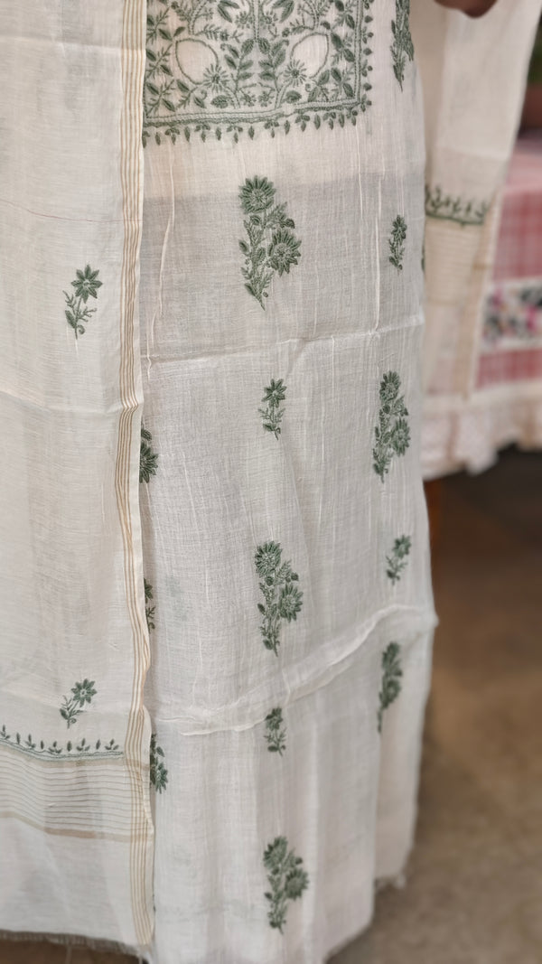 Sage green embroidery on off white mul chanderi suit