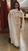 Beige chikankari on off white net kota suit
