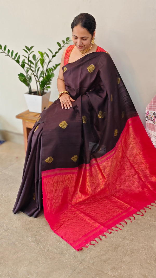 Dark brown and deep pink raw silk saree - SRW6_4