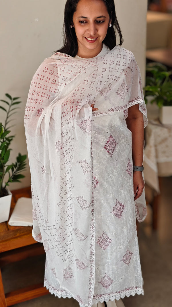 White and red net kota suit with chiffon dupatta