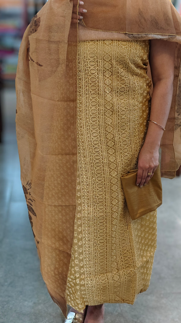 Mustard embroidered net kota suit