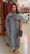 Grey silk cotton suit with hand embroidered yoke