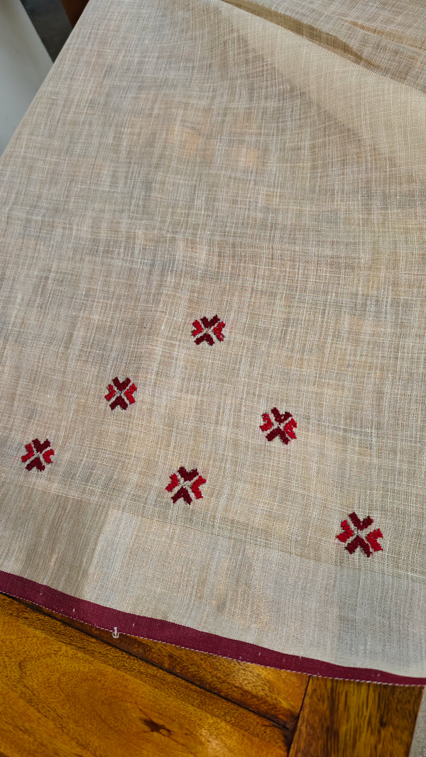 Off white linen tissue saree with hand embroidery 2 - 6QPR