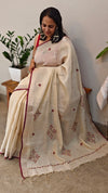 Off white linen tissue saree with hand embroidery 2 - 6QPR