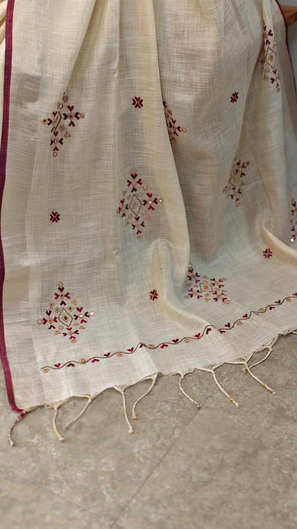 Off white linen tissue saree with hand embroidery 2 - 6QPR