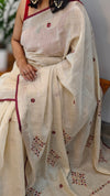 Off white linen tissue saree with hand embroidery 2 - 6QPR