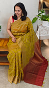 Green mustard and maroon Linen banarasi saree