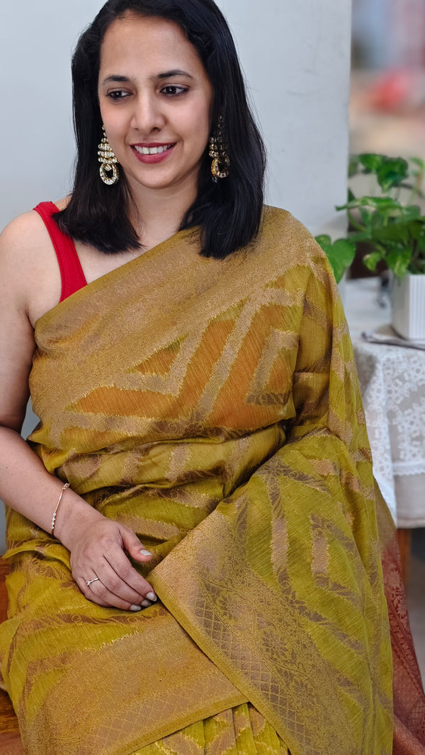 Green mustard and maroon Linen banarasi saree