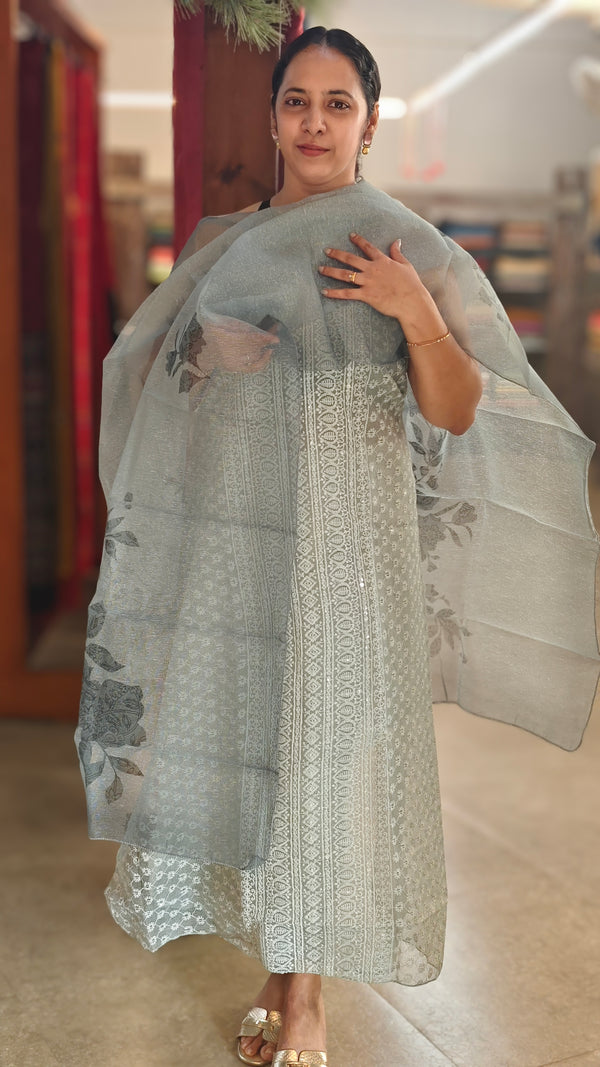 Powder blue embroidered net kota suit
