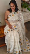 Off white cutwork saree with floral borders