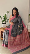 Dark grey and pink blended tussar silk saree