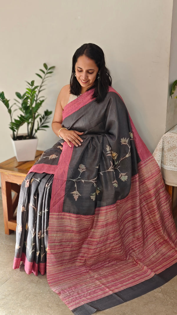 Dark grey and pink blended tussar silk saree