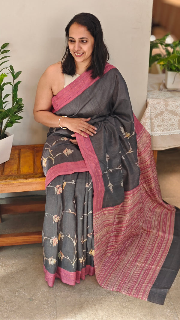 Dark grey and pink blended tussar silk saree
