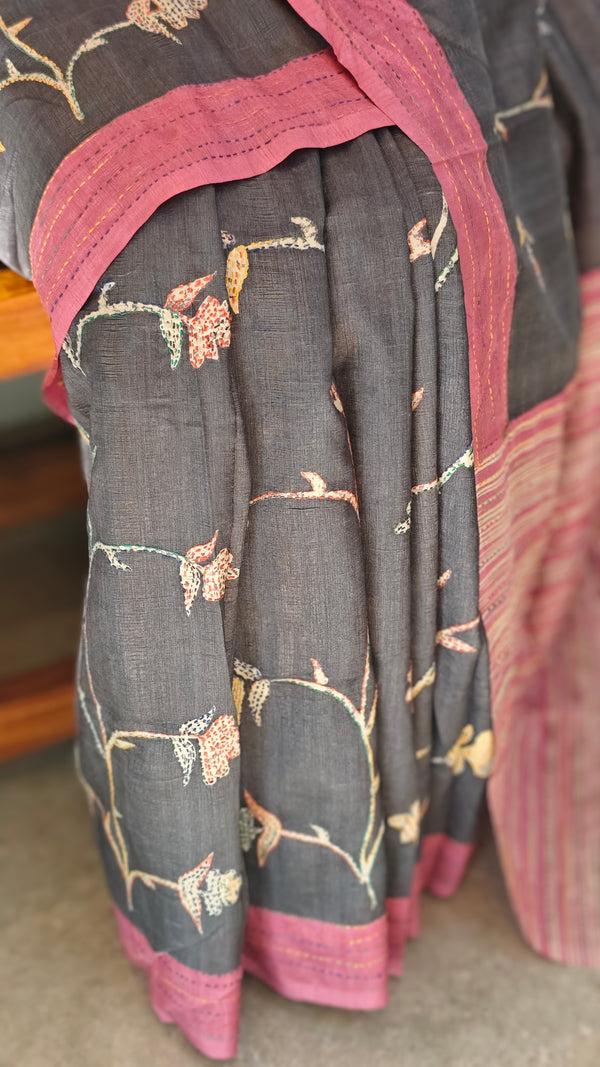 Dark grey and pink blended tussar silk saree
