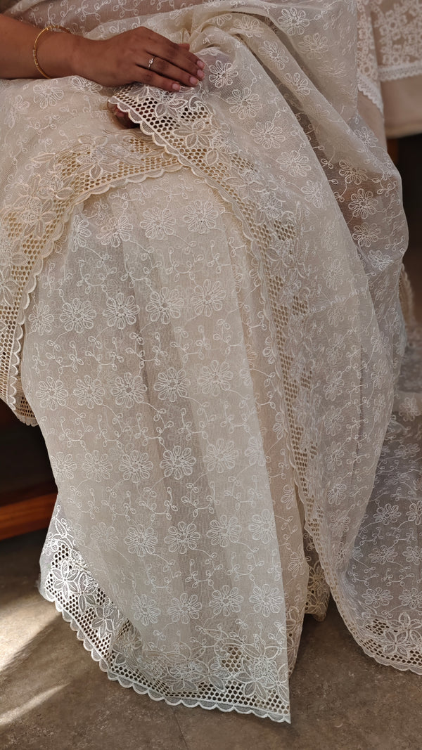 Off white tepchi kota cutwork saree
