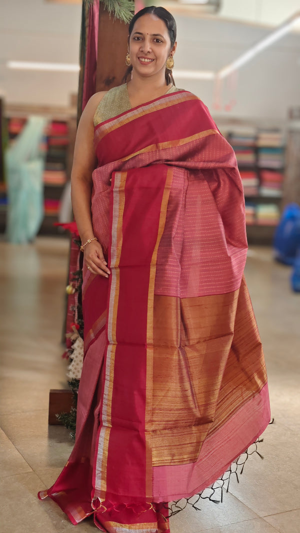 Blush pink raw silk saree with dark pink borders - 83SZ - SRW6_9