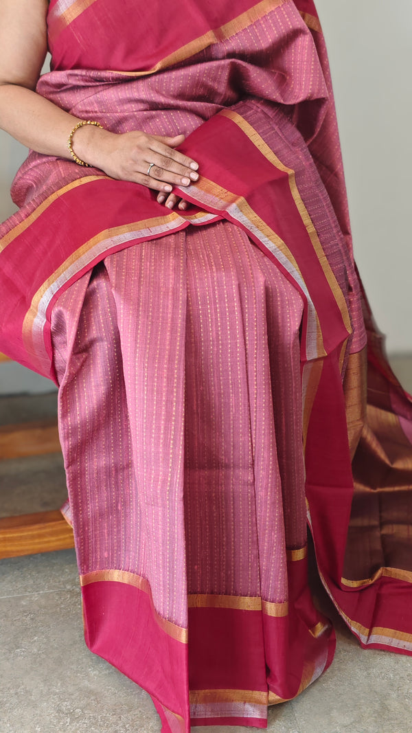 Blush pink raw silk saree with dark pink borders - 83SZ - SRW6_9