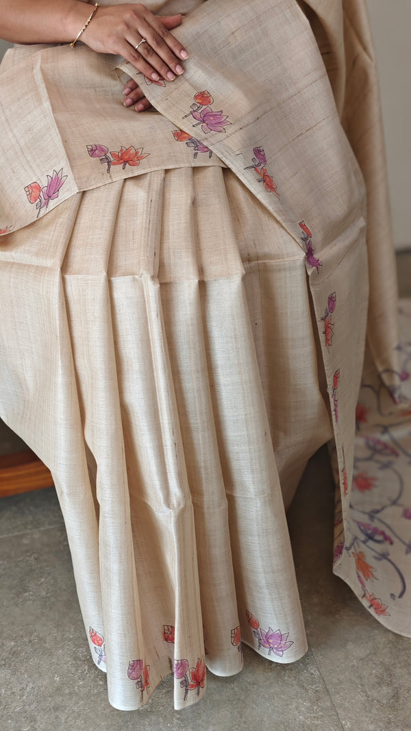 Hand painted desi tussar silk saree - Lilac and orange