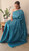 Turquoise lined noil tussar silks saree - LNC08