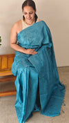 Turquoise lined noil tussar silks saree - LNC08