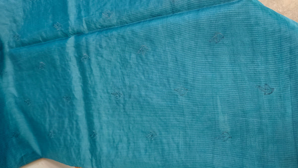 Turquoise lined noil tussar silks saree - LNC08