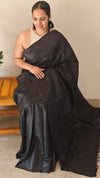 Jet Black Off lined noil tussar silks saree - LNC08