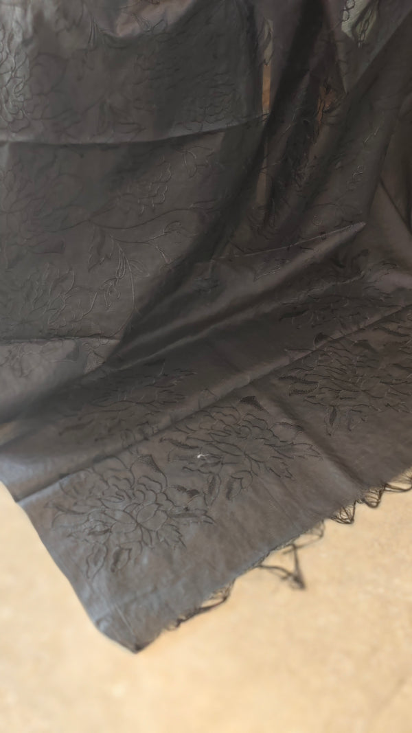 Jet Black Off lined noil tussar silks saree - LNC08