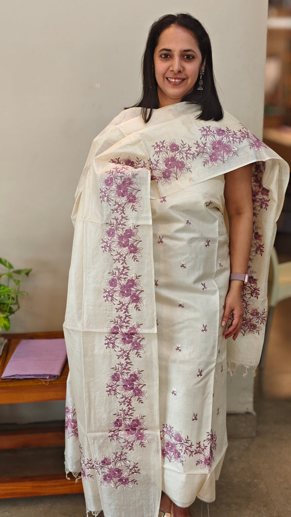 Lilac embroidery on cream tussar silk suit - 963DC