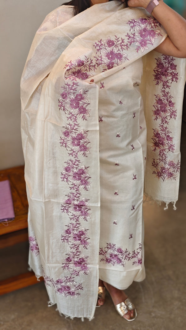 Lilac embroidery on cream tussar silk suit - 963DC